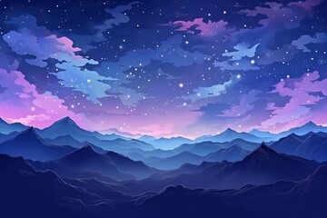 A stunning digital illustration of a night sky filled with stars over a mountain range, with vibrant hues of blue and purple clouds.