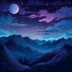 Illustrated night mountain landscape under a starry sky with a full moon, featuring layers of mountains and trees in the foreground.
