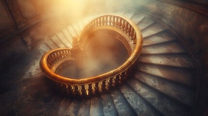 An artistic depiction of spiral staircases viewed from above, featuring a vintage architectural style. The staircases have ornate railings and aged wooden steps, evoking the charm of classic design. 