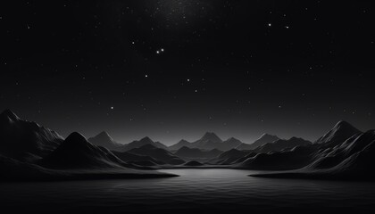 Stunning black and white mountain landscape at night with starry sky, serene water, and serene horizon. Perfect for backgrounds and designs.
