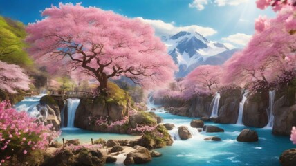 Naklejka premium A stunning paradise land filled with a kaleidoscope of flowers, elegant sakura trees in full bloom, serene rivers, and cascading waterfalls