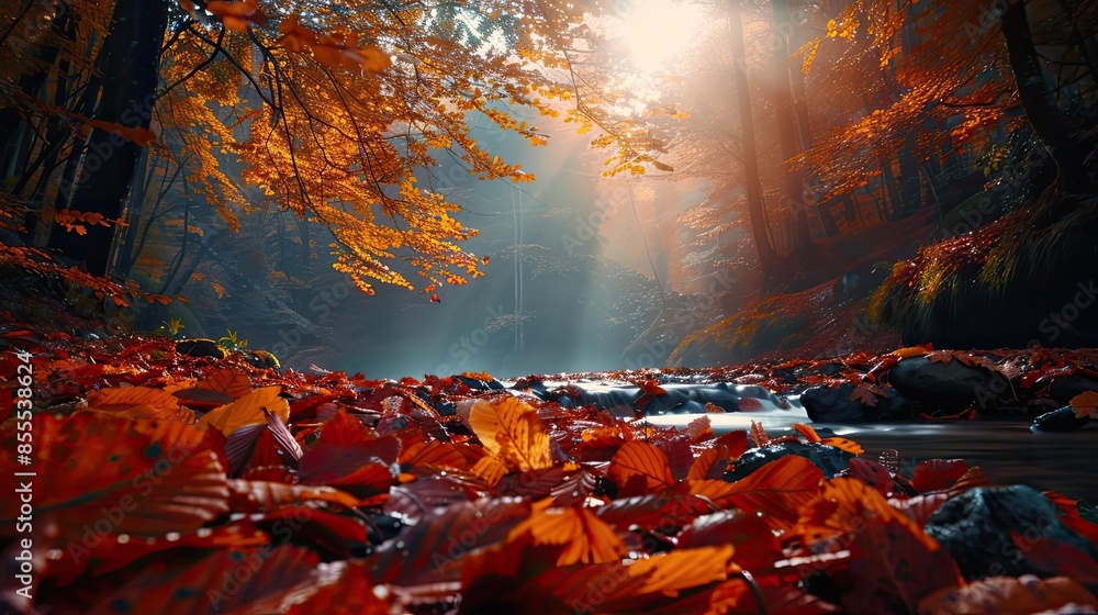 Poster sunlight filters through the autumn forest, illuminating fallen leaves on the forest floor beside a 