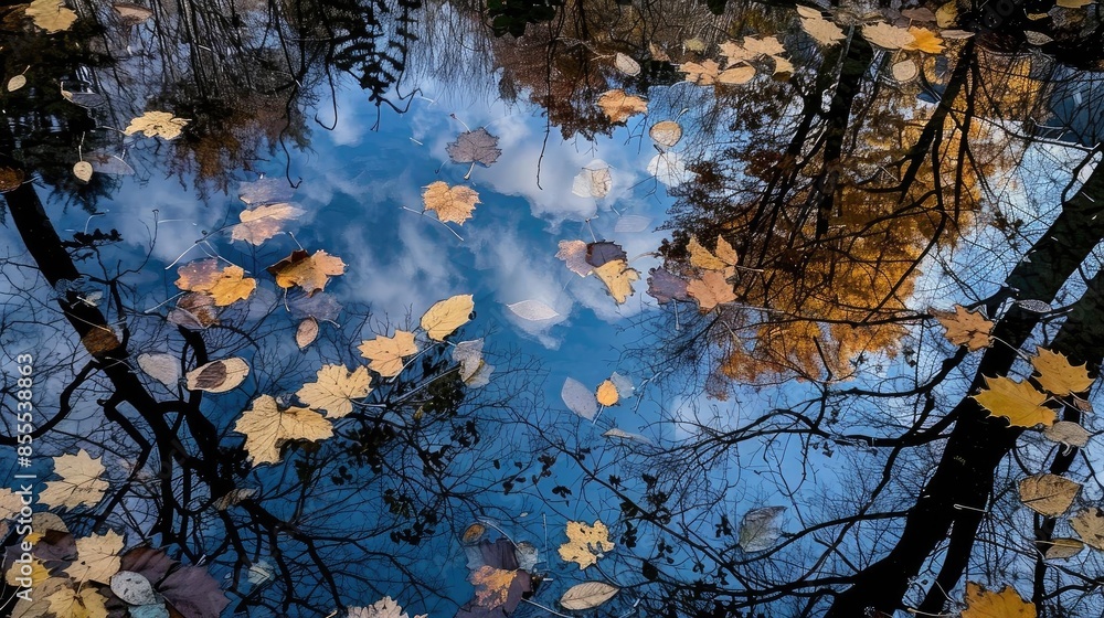 Poster autumn leaves float on a reflective water surface, capturing a serene woodland scene with vivid colo