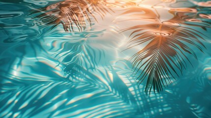 Fototapeta premium Tropical Palm Tree Shadows Landscape Banner, Blue Ocean Waters White Sand Beach Wallpaper, Calm Spa and Sauna Artwork, Travel and Tourism Marketing Background Concept, Zen Meditation Graphic