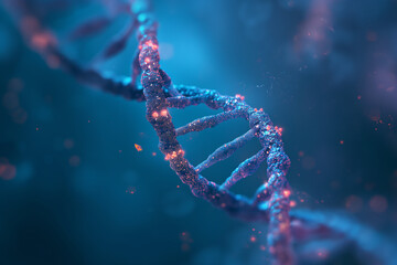 dna strand on blue background, in the style of light purple and dark emerald, soft edges and blurred details, infrared, light cyan and gold,Generative AI	