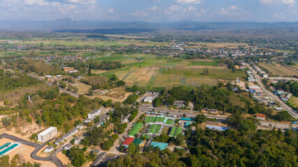 Aerial view of a small town in Chae Hom District of Lampang Province, Thailand.