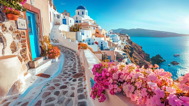 Scenic View of Traditional Cycladic Houses with Flowered Pathway in Oia Village, Santorini, Greece