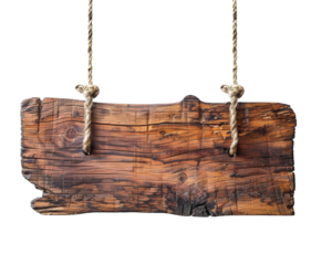 Rustic wooden signboard hanging by ropes isolated on white background. Perfect for vintage, woodland, and rustic-themed projects.
