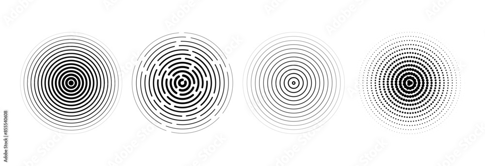 Poster Radial circle set. Sonar or sound wave ring collection. Halftone and linear epicenter, target, radar icon concept. Rippled concentric signal vibration elements. Vector black dashed and dotted symbols