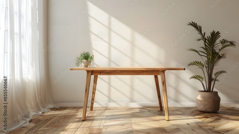 Poster modern scandinavian wooden table with minimalist decor empty display concept with copy space