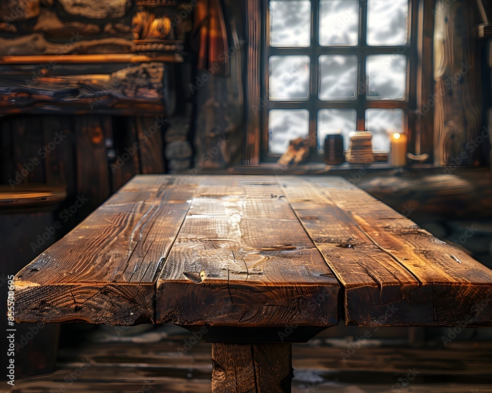 Poster cozy wooden table in warm inviting cabin setting with empty space for product concept