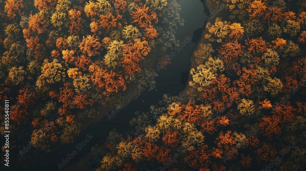 Poster aerial view of a river winding through colorful autumn trees, showcasing vibrant fall foliage in sha