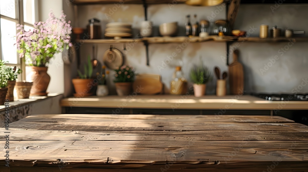 Poster rustic farmhouse table in cozy country kitchen with empty tabletop for product display and copy spac