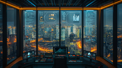 A computer monitor shows a city view with a lot of buildings and lights