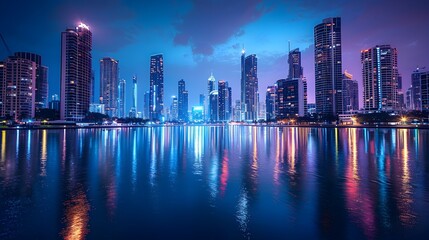 Fototapeta premium Glimmering Skyscrapers Reflected in Tranquil River Dazzling Cityscape at Night