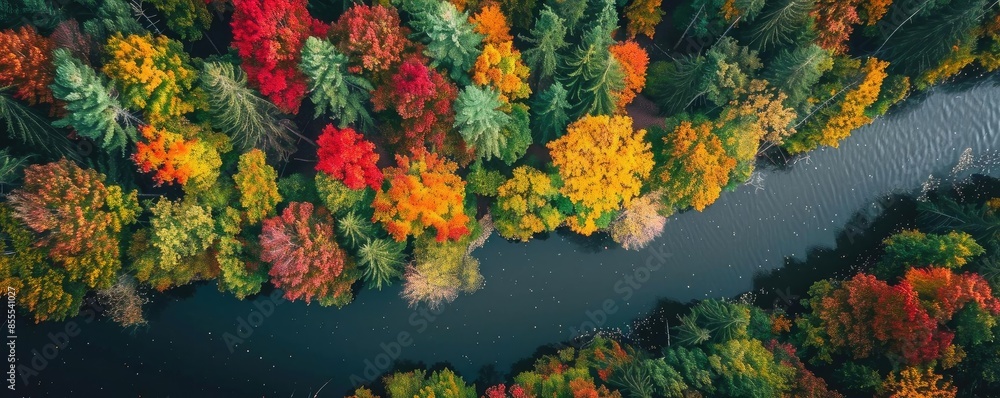Poster aerial view of a river winding through a vibrant autumn forest with multicolored foliage, creating a