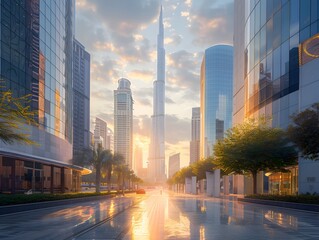 Obraz premium Dazzling Skyline of a Modern Financial District with Towering Skyscrapers at Sunset