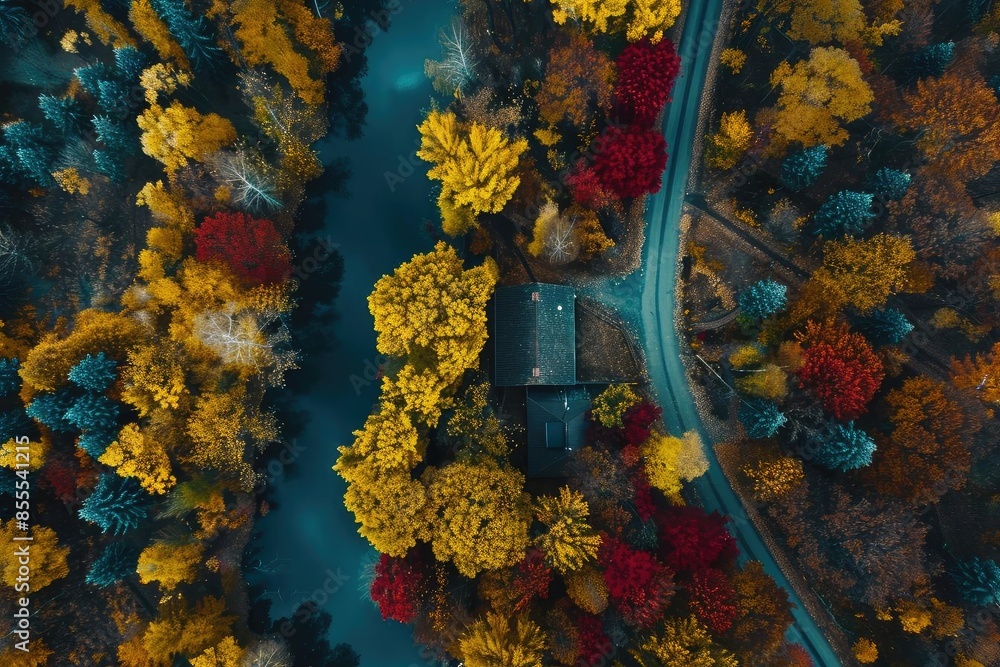 Poster aerial view showcasing a vibrant mix of autumn leaves in a forest surrounding a serene river and a q