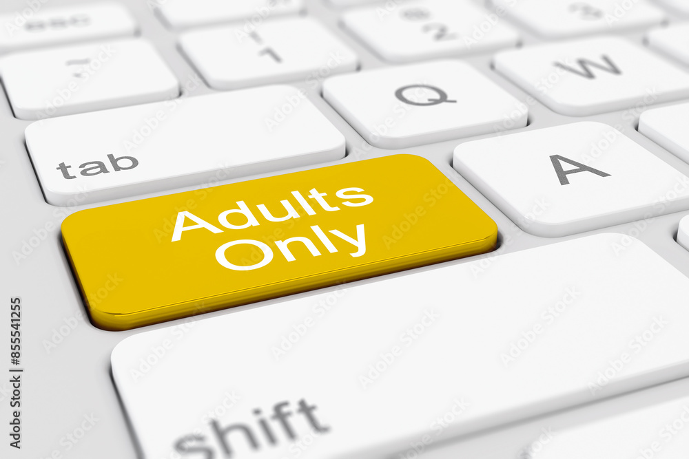 Poster 3d render of a keyboard with yellow only for adults button.