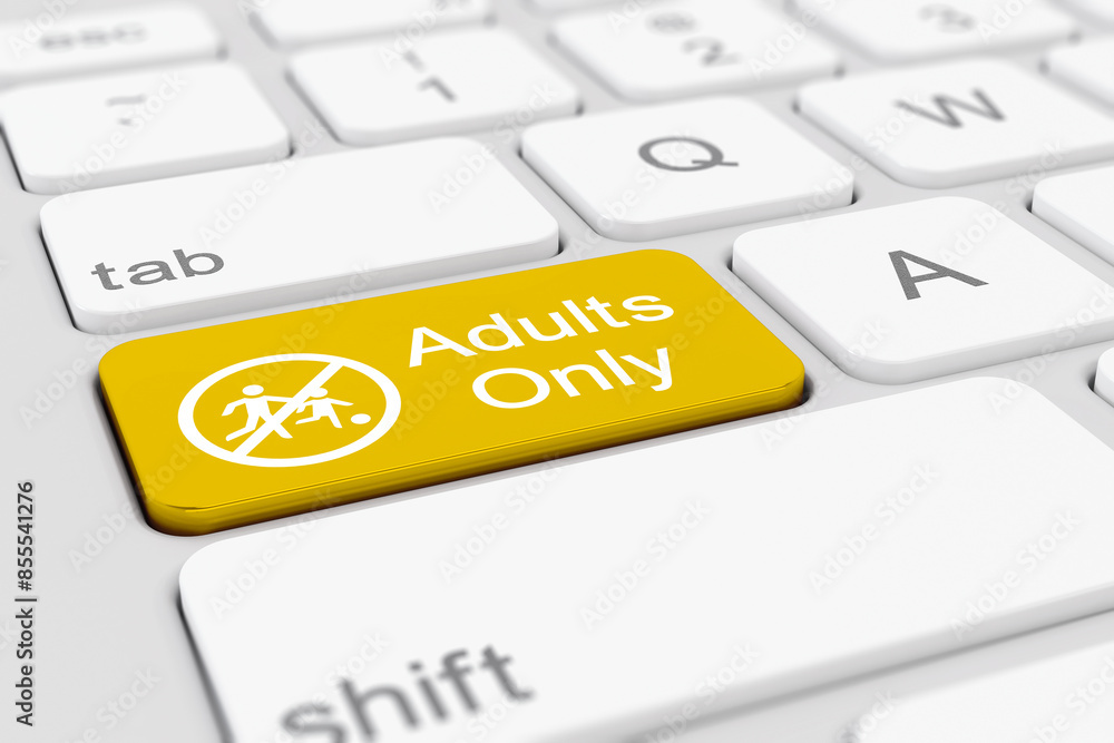 Poster 3d render of a keyboard with yellow only for adults button.