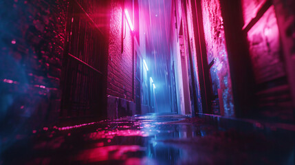 Moody neon-lit alleyway at night with mist and reflections creating a cyberpunk atmosphere. Perfect for urban, futuristic, and atmospheric concepts.