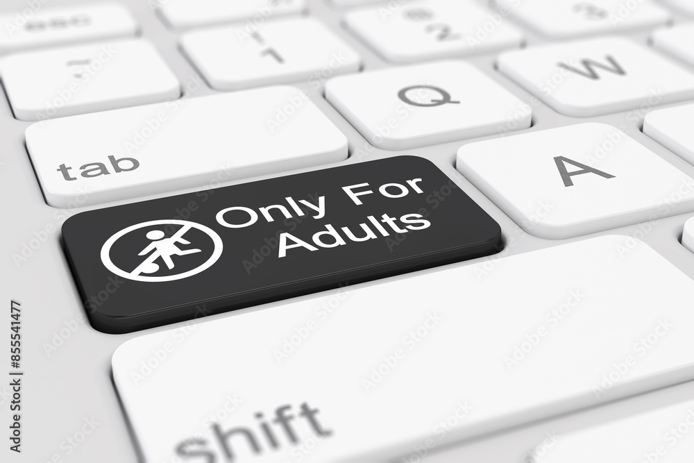 Poster 3d render of a keyboard with black only for adults button.