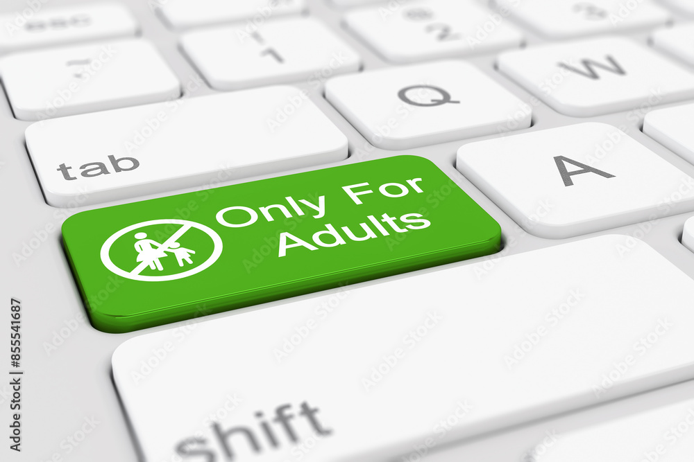 Poster 3d render of a keyboard with green only for adults button.