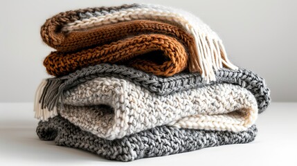 Chunky knit blankets folded on white background,Blanket of thick yarn.