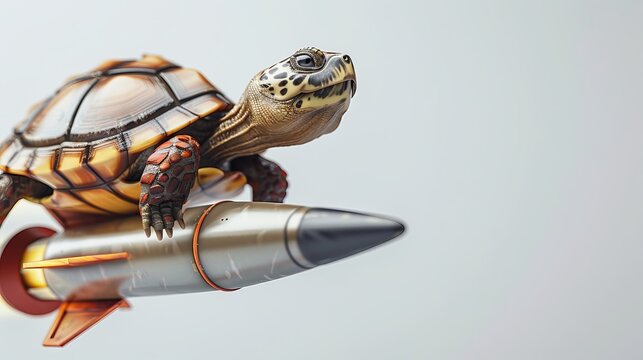 A turtle sitting on a flying rocket , 3d view , white background