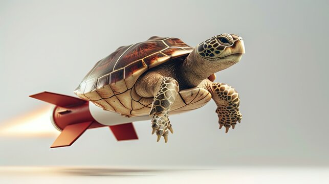 3d view of a turtle rocket flying , white background