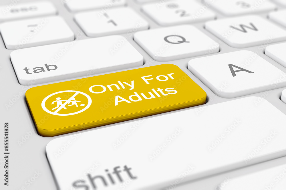 Poster 3d render of a keyboard with yellow only for adults button.