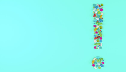 3d render of many colorful medicines and pills in the shape of a exclamation mark.