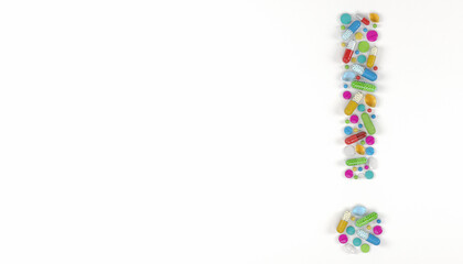 3d render of many colorful medicines and pills in the shape of a exclamation mark.