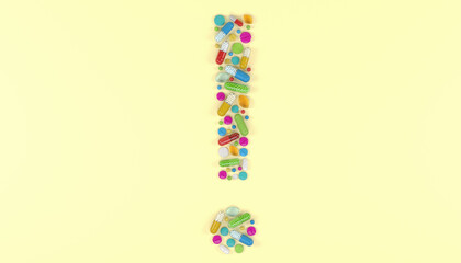 3d render of many colorful medicines and pills in the shape of a exclamation mark.