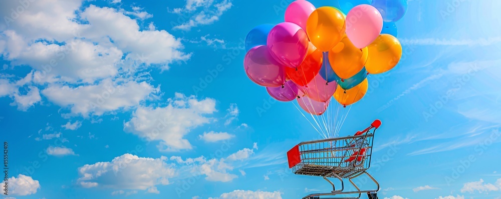 Poster floating high above the ground, a shopping cart is attached to sale helium balloons, creating a capt