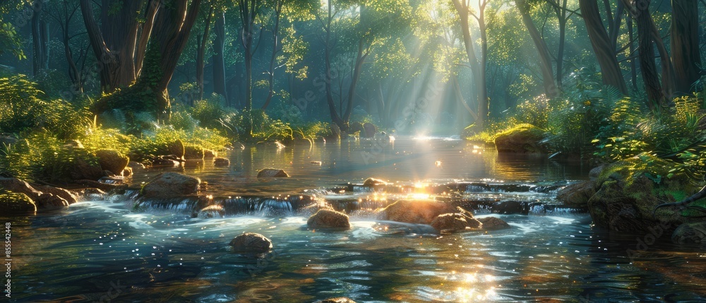 Poster as dawn breaks the tranquil forest awakens with streams of sunlight gliding through leaves and danci