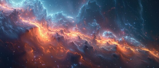 Fototapeta premium visual odyssey through the cosmos where cool blue nebulas and warm fiery hues collide in a celestial spectacle that ignites the imagination with the boundless beauty of the universe