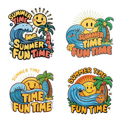 Fototapeta premium Create a lively cartoon-style typography sunset t-shirt design with text Summer Time Fun Time. 