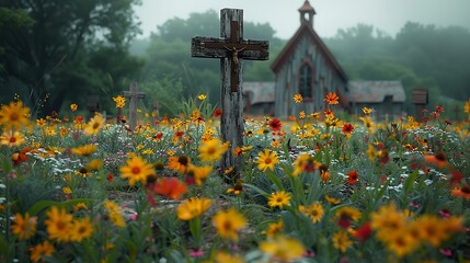 Wooden crosses standing amidst a field of wildflowers, capturing a rustic, country feel. The weathered wood and vibrant blooms create a harmonious blend of natural elements