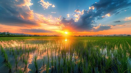 Serene Sunset over Paddy Field