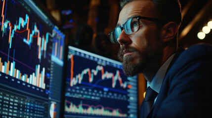 portrait businessman analysis trade on big monitor