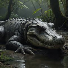 Fototapeta premium crocodile laying in the mud in a swampy area with trees