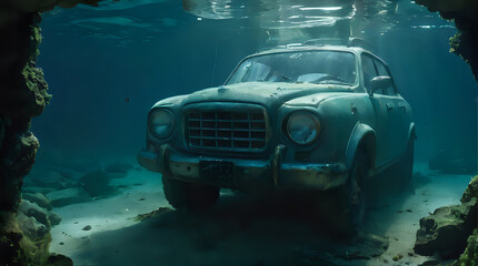 a old car that is under water in the ocean