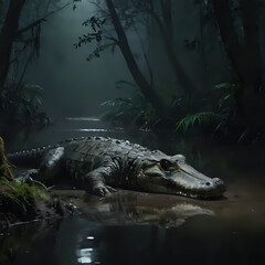 crocodile laying in the water in a swamp with trees and water