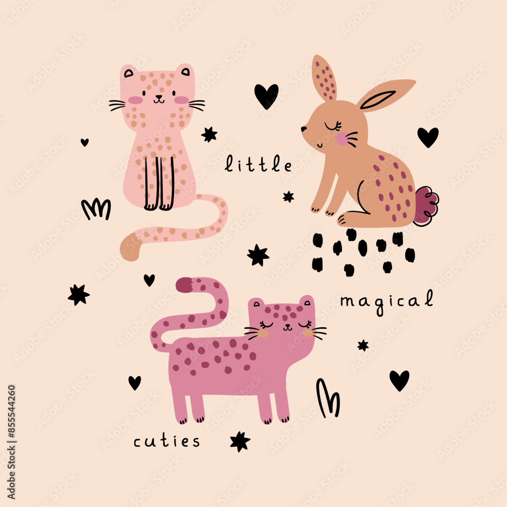 Poster textile print design with cute cat and rabbit drawing as vector
