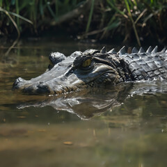 Naklejka premium crocodile in the water with its mouth open and eyes wide open
