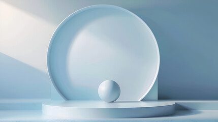 Abstract minimalistic interior with empty white podium, 3d render illustration,White cylindrical podium for demonstration or display of cosmetic products on a blue background
