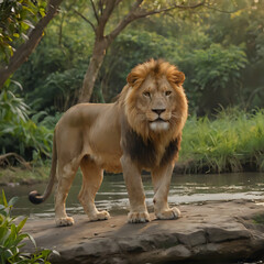 a lion standing on a rock in the water