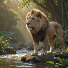 Obraz premium a lion standing on a rock in the water
