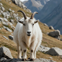 Fototapeta premium a goat that is standing on a rock in the mountains